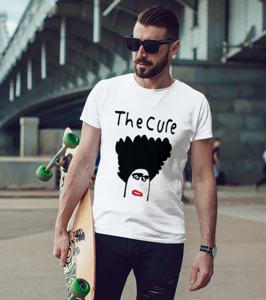 Kieran Maguire Wearing The Cure Text Bold Face Black Hair Red Lips T-Shirt