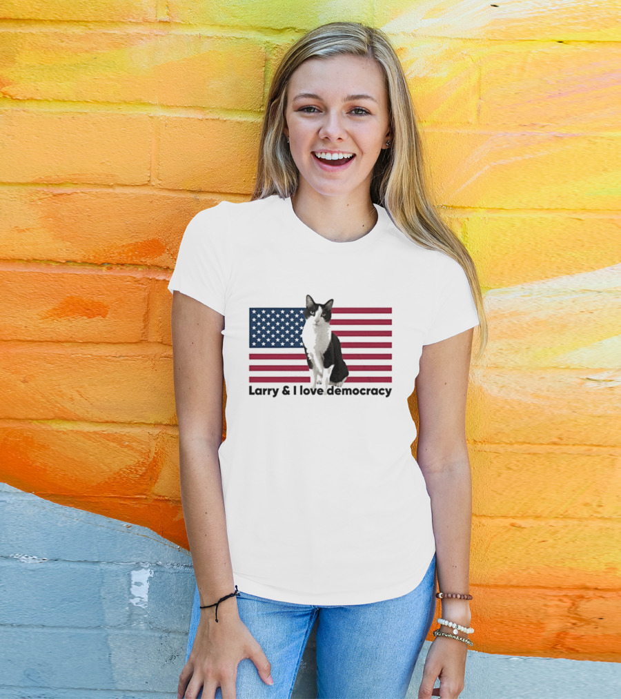 Larry I Love Democracy Cat American Flag T-Shirt