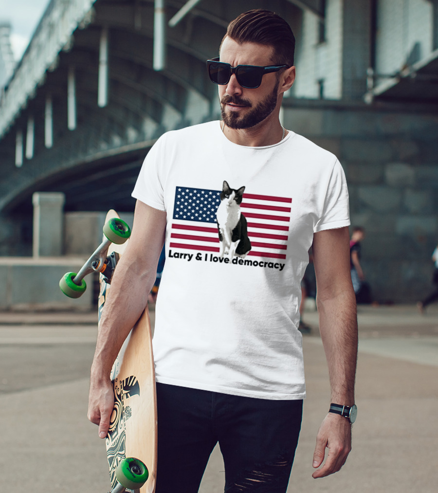 Larry I Love Democracy Cat American Flag T-Shirt