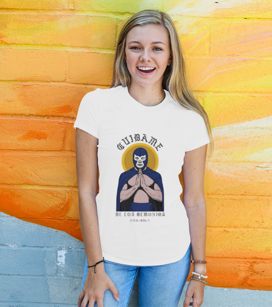 Cuidame De Los Demonios Original Blue Demon Luchador Praying Hands T-Shirt