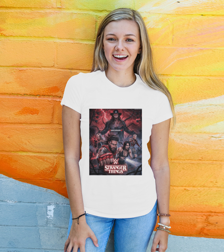 WWE And Stranger Things Crossover With The Undertaker, Roman Reigns, Cody Rhodes, Rhea Ripley, And Liv Morgan T-Shirt