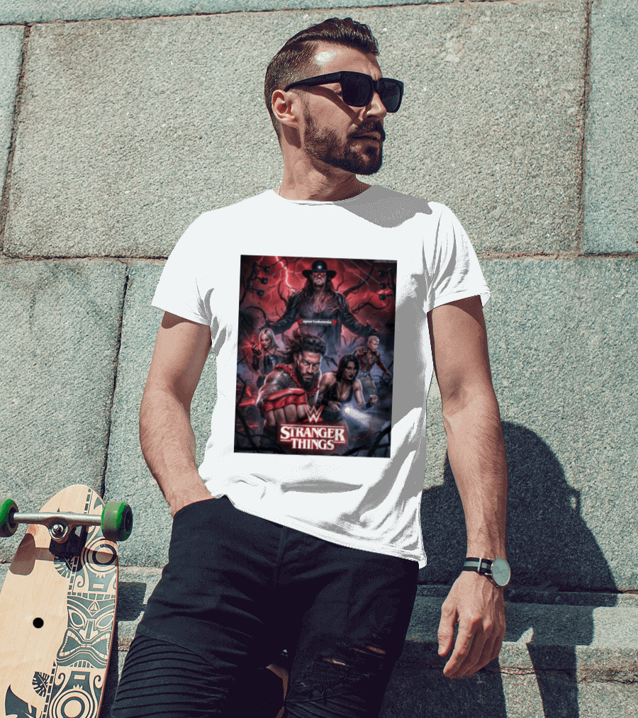 WWE And Stranger Things Crossover With The Undertaker, Roman Reigns, Cody Rhodes, Rhea Ripley, And Liv Morgan T-Shirt