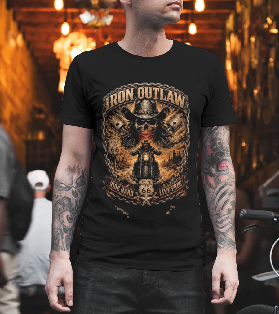 Iron Outlaw Cowboy Skull Motorcycle Route 66 Ride Hard Live Free T-Shirt