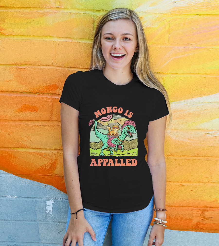Mongo Is Appalled Cat Riding Dinosaur Raptor T-Shirt