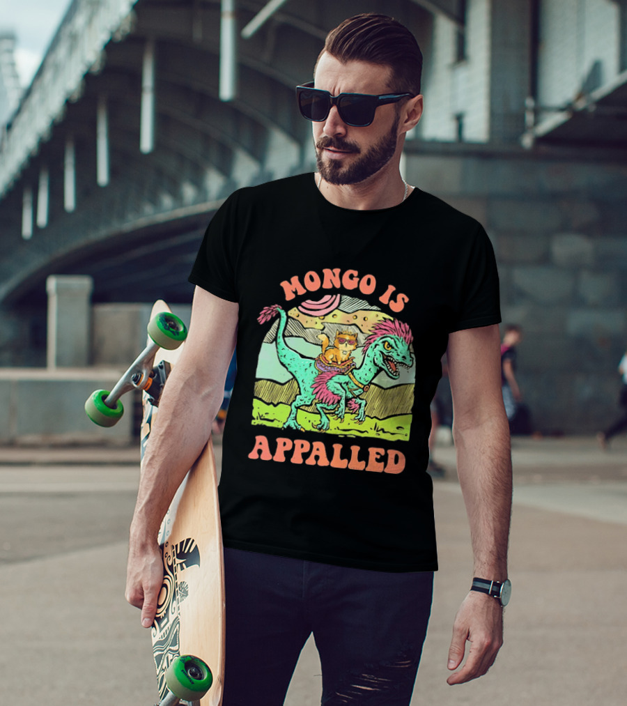 Mongo Is Appalled Cat Riding Dinosaur Raptor T-Shirt