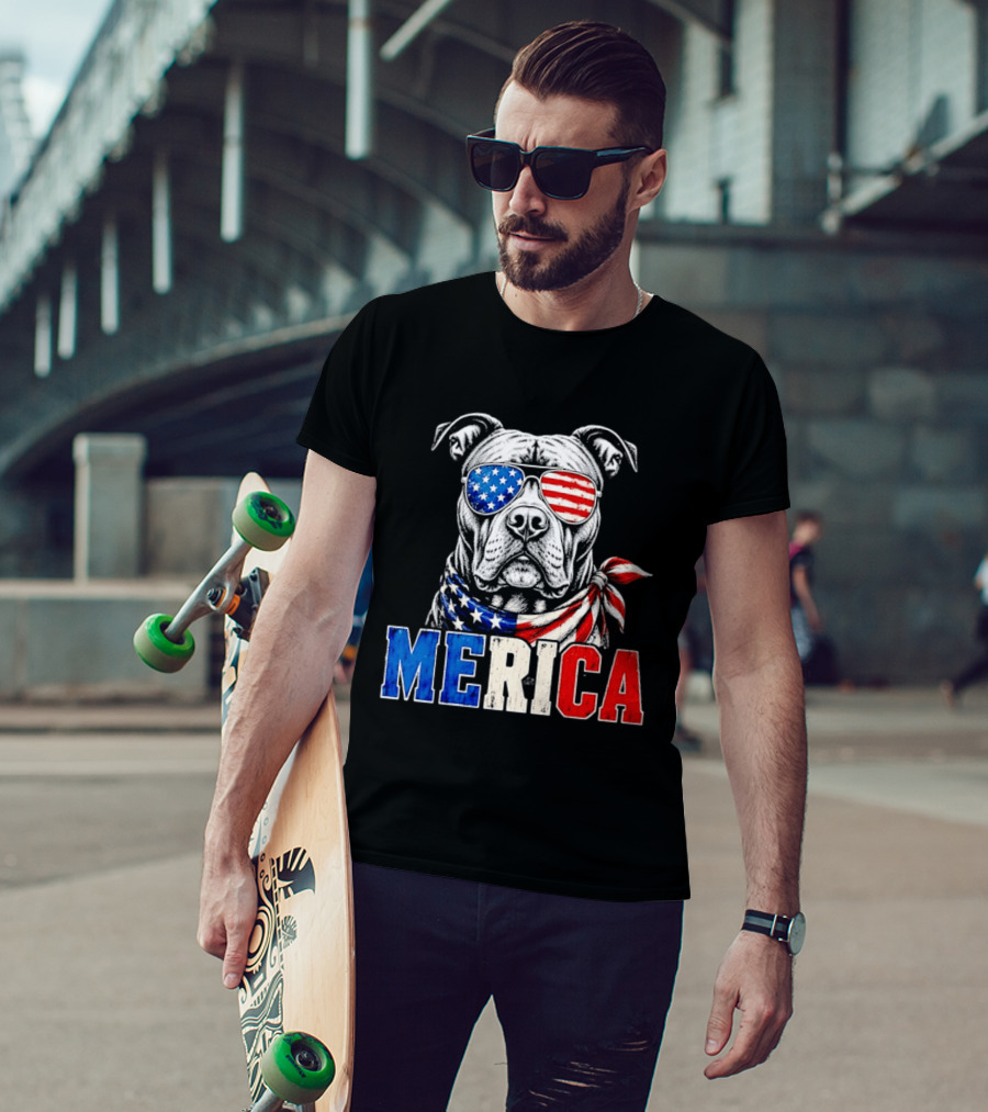 Patriotic Pit Bull Merica Dog With American Flag Sunglasses And Bandana T-Shirt