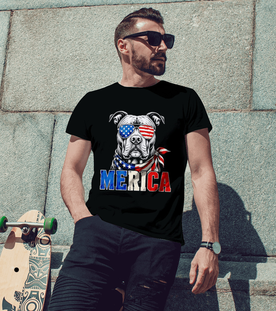 Patriotic Pit Bull Merica Dog With American Flag Sunglasses And Bandana T-Shirt