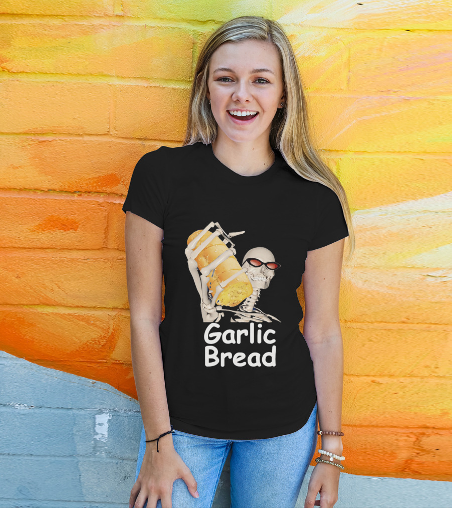 Skeleton Holding Baguette Garlic Bread Wearing Sunglasses T-Shirt
