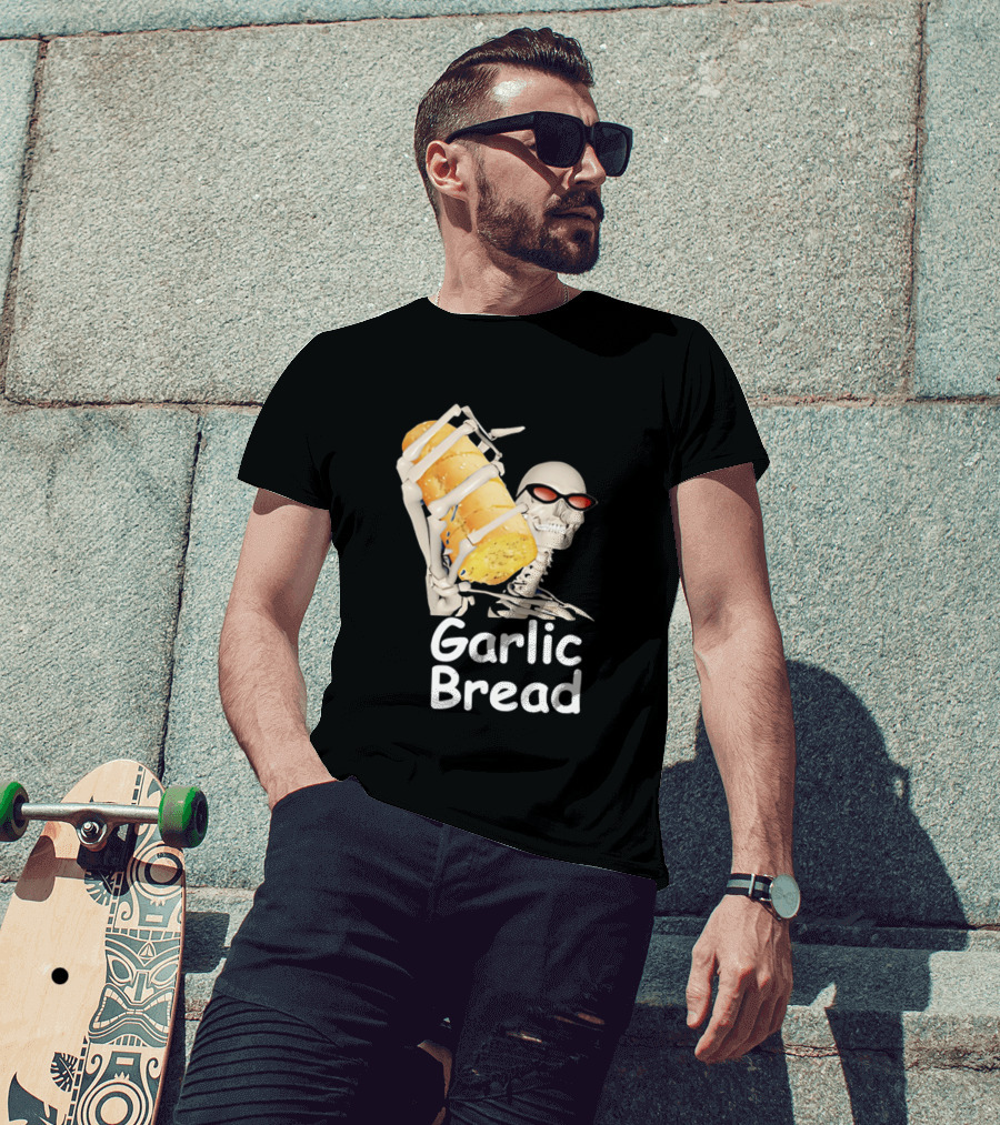 Skeleton Holding Baguette Garlic Bread Wearing Sunglasses T-Shirt