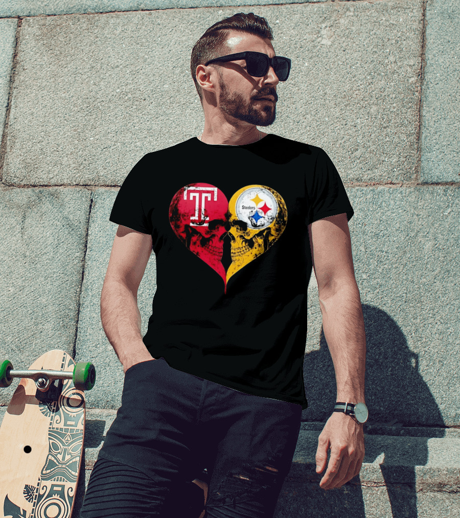 Temple Owls Pittsburgh Steelers Skulls Heart Shape Distressed T-Shirt