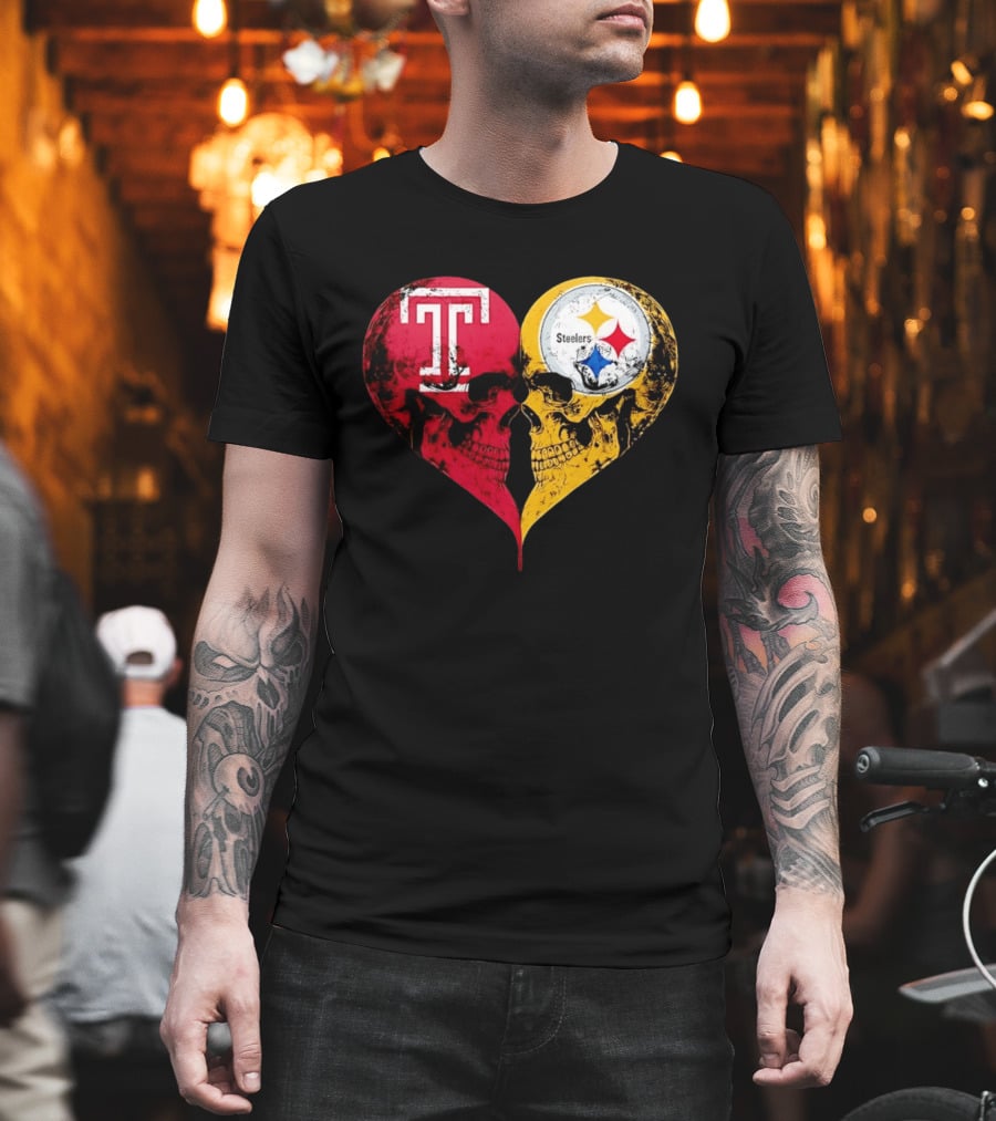Temple Owls Pittsburgh Steelers Skulls Heart Shape Distressed T-Shirt