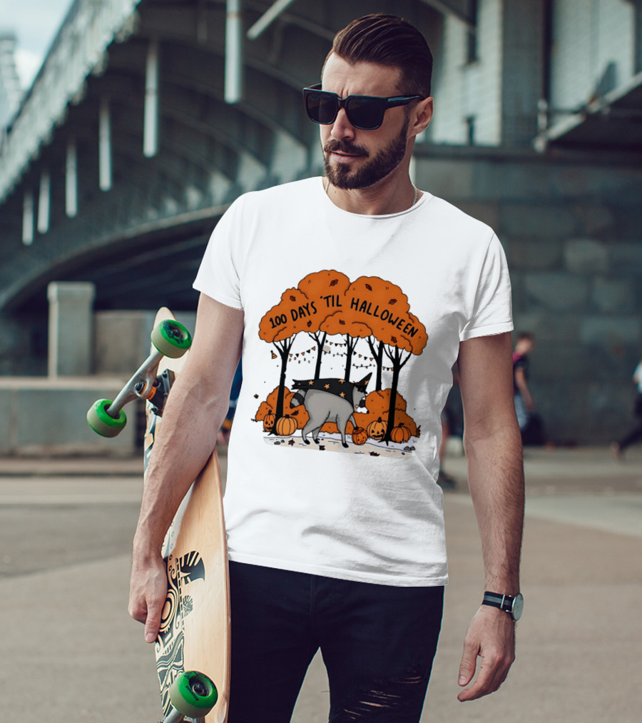 100 Days 'til Halloween Raccoon Wizard Costume In Pumpkin Patch Forest T-Shirt
