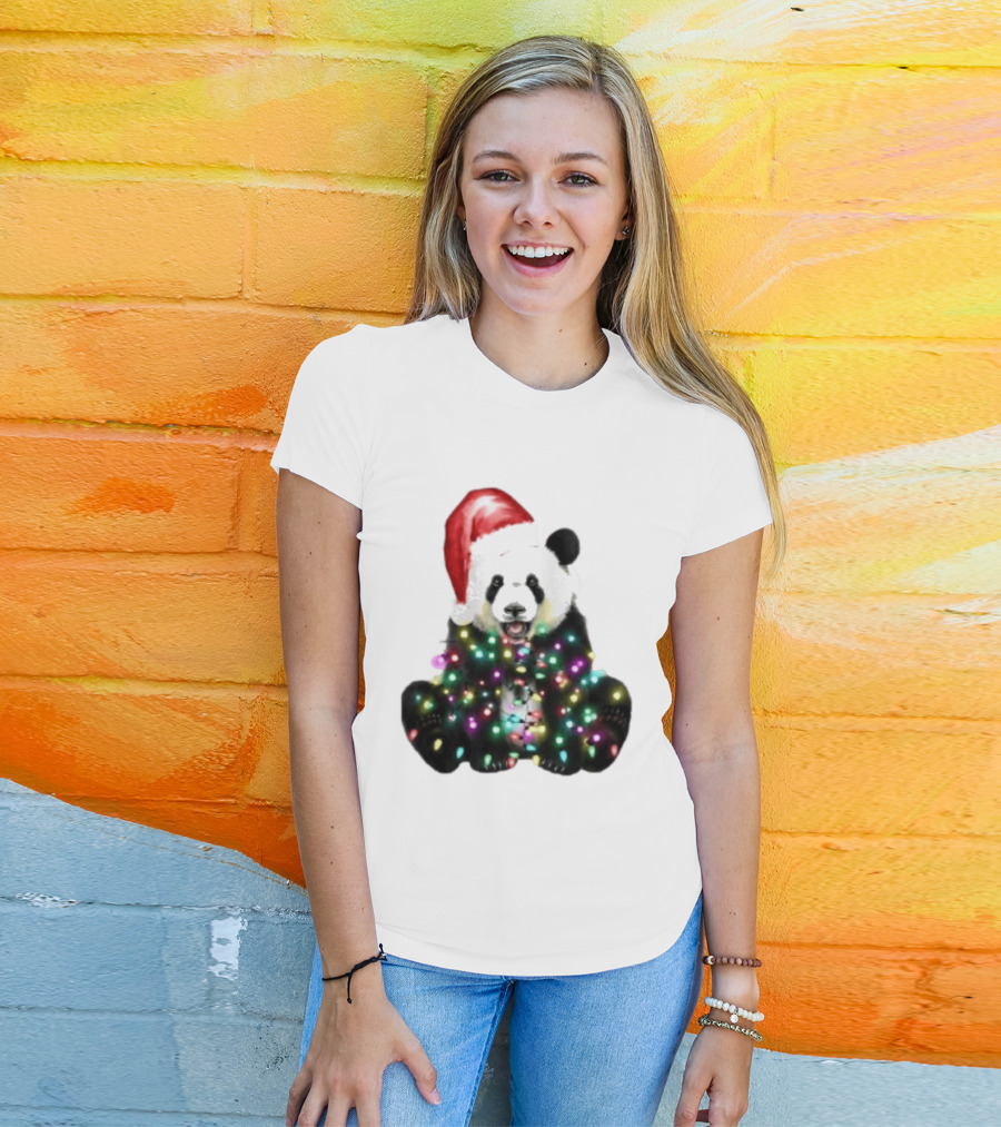 Panda With Christmas Lights And Santa Hat Holiday Animals T-Shirt