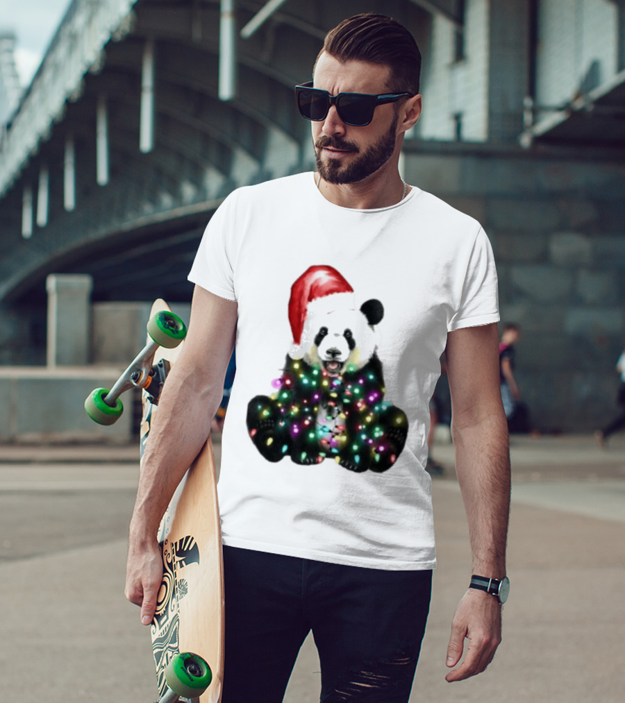 Panda With Christmas Lights And Santa Hat Holiday Animals T-Shirt