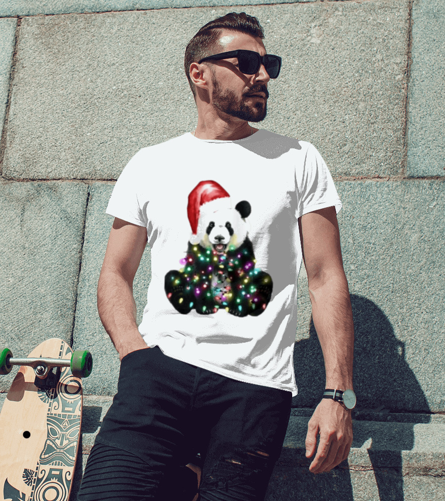 Panda With Christmas Lights And Santa Hat Holiday Animals T-Shirt