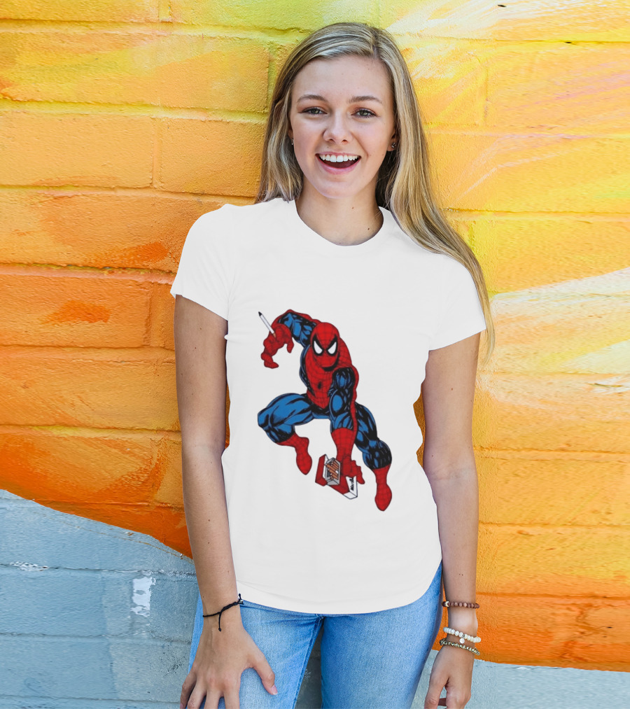 Marlboro Spider Man Crouching Holding Cigarette Packcartoon T-Shirt