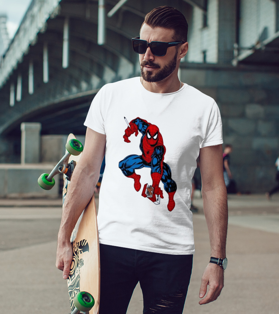 Marlboro Spider Man Crouching Holding Cigarette Packcartoon T-Shirt