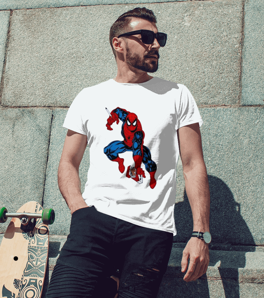 Marlboro Spider Man Crouching Holding Cigarette Packcartoon T-Shirt