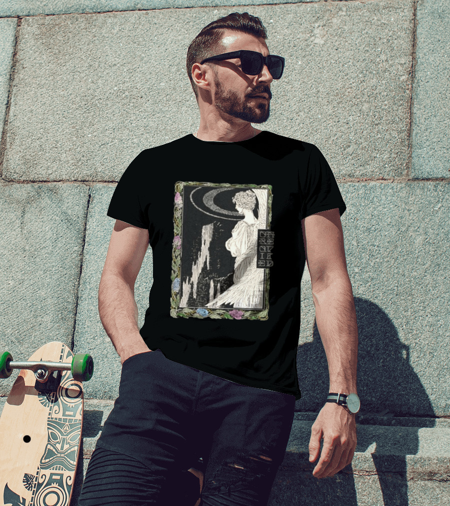 Angel Nouveau Unraveled Floral Frame Illustrative Art Winged Celestial Figure T-Shirt