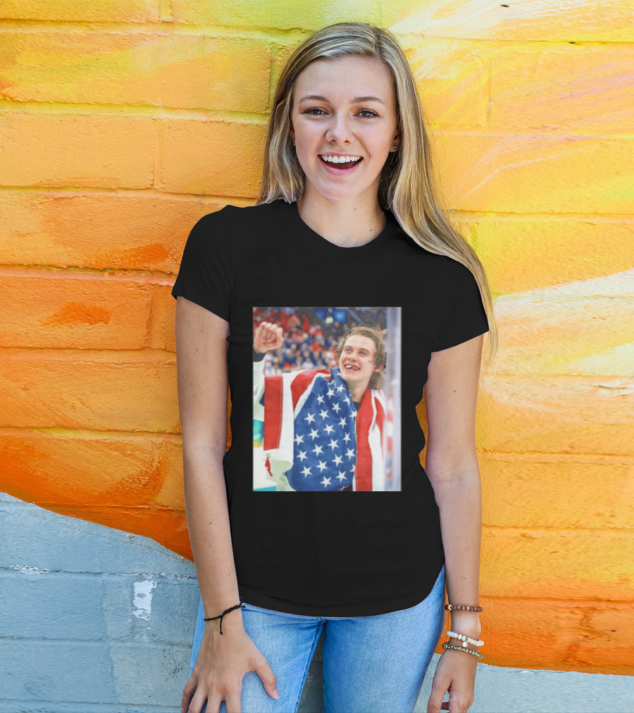 Jack Hughes USA Hockey World Champs 2026 Victory Celebration American Flag T-Shirt