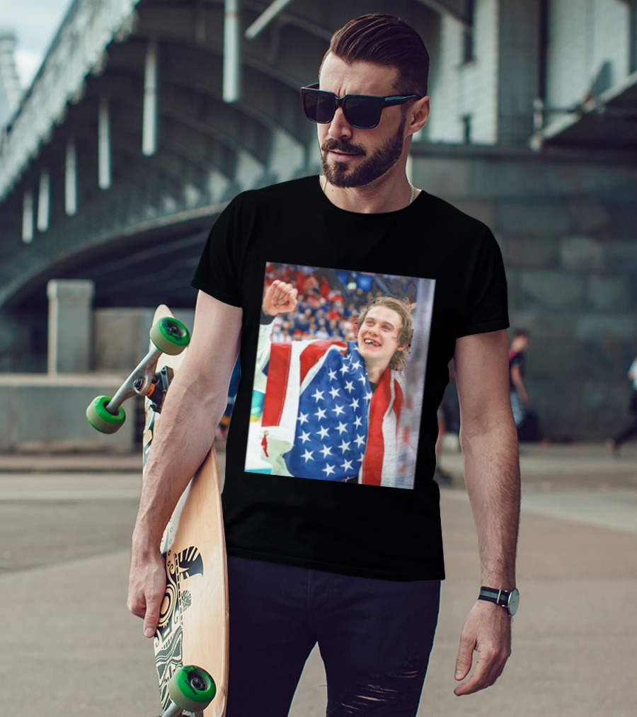 Jack Hughes USA Hockey World Champs 2026 Victory Celebration American Flag T-Shirt