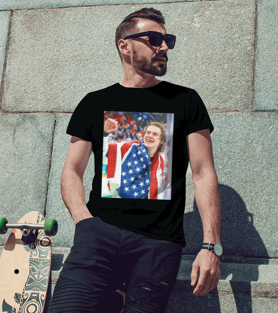 Jack Hughes USA Hockey World Champs 2026 Victory Celebration American Flag T-Shirt