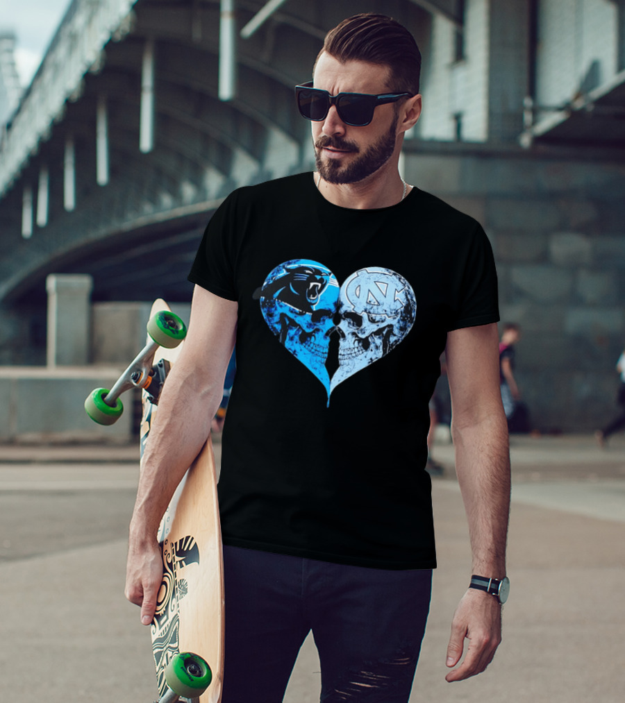 Carolina Panthers North Carolina Tar Heels Skulls Face To Face Heart Shape T-Shirt