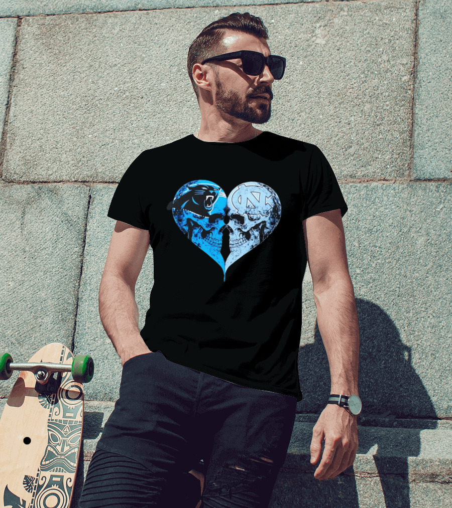 Carolina Panthers North Carolina Tar Heels Skulls Face To Face Heart Shape T-Shirt