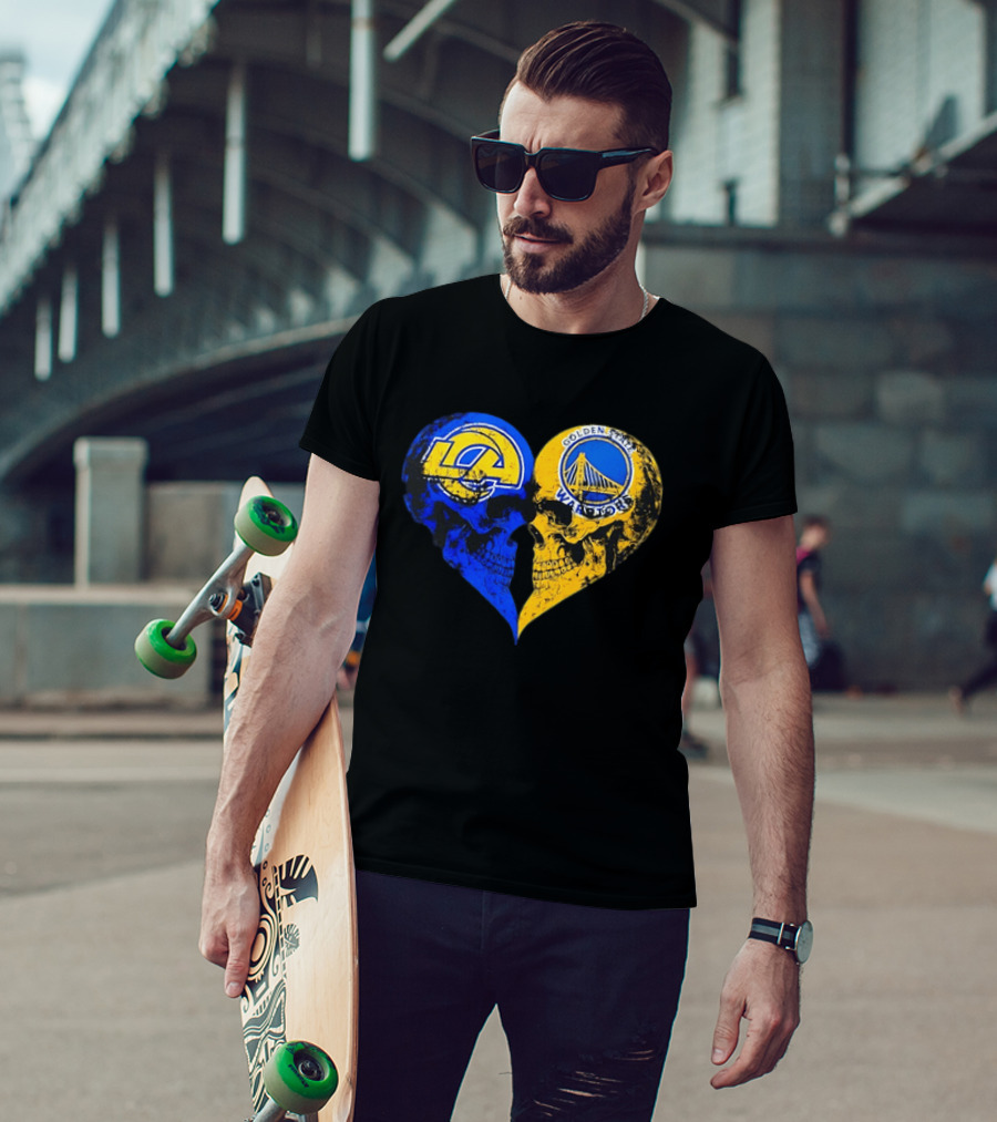 Los Angeles Rams Golden State Warriors Heart Shaped Skulls Distressed T-Shirt