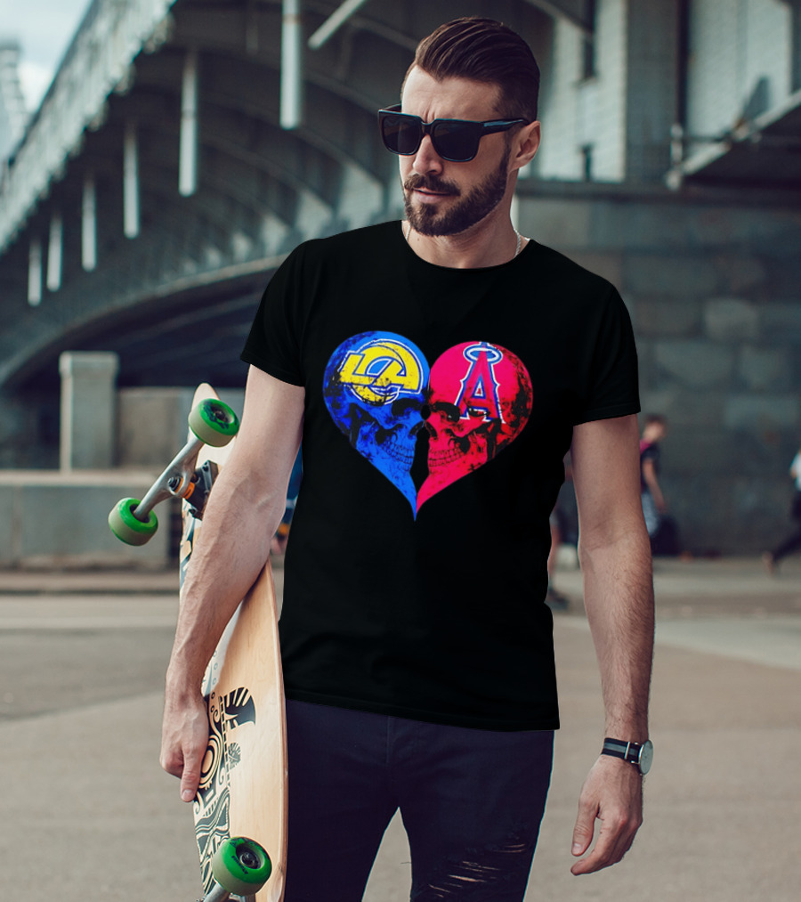 Los Angeles Rams Vs Los Angeles Angels Skulls Heart Face To Face Distressed T-Shirt
