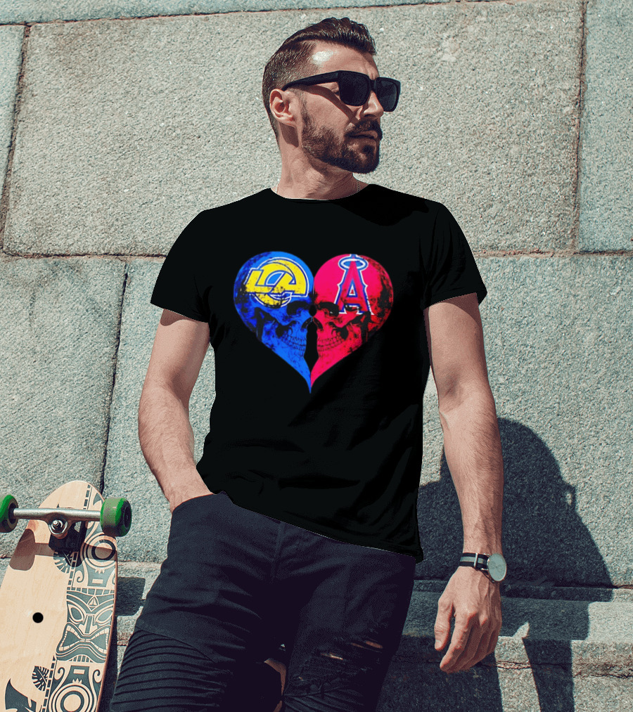 Los Angeles Rams Vs Los Angeles Angels Skulls Heart Face To Face Distressed T-Shirt