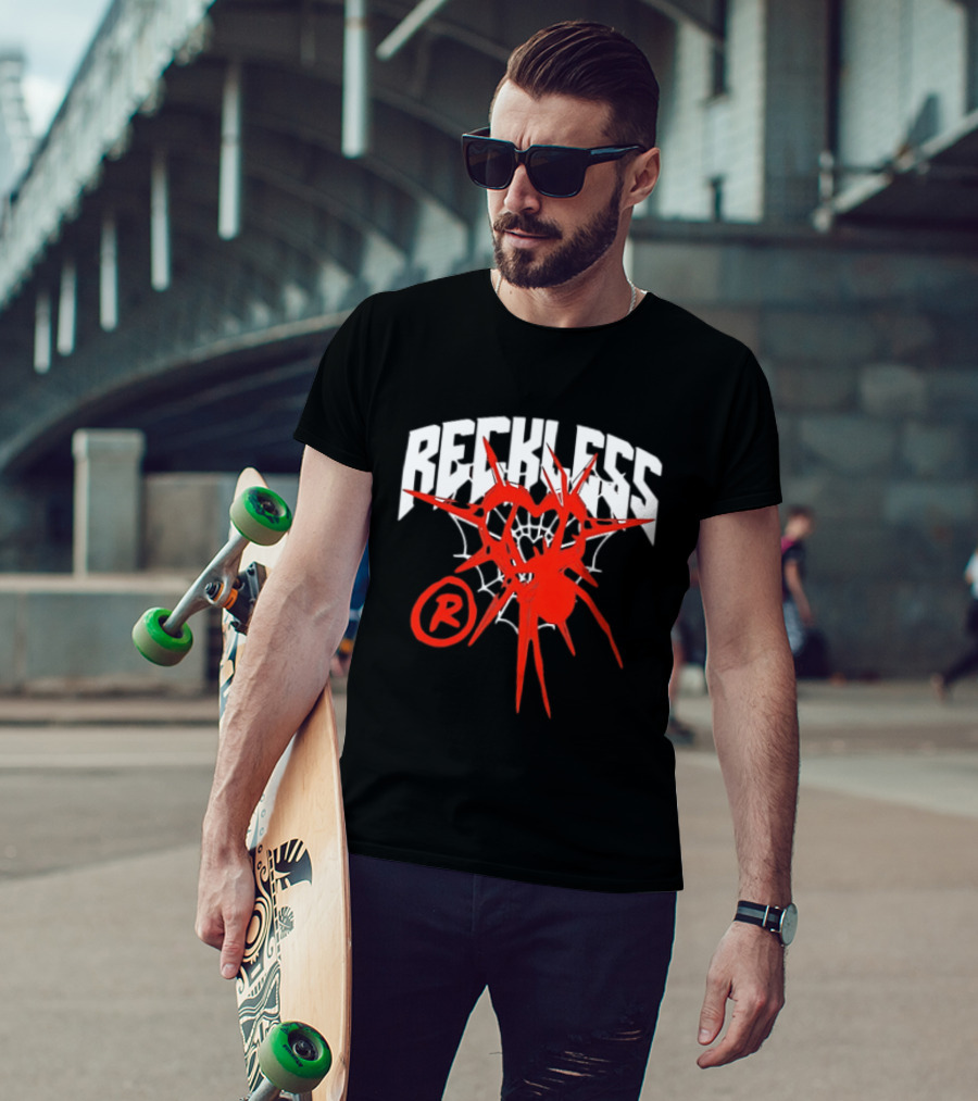 Reckless Web Heart With Spiky Red Symbol And R T-Shirt