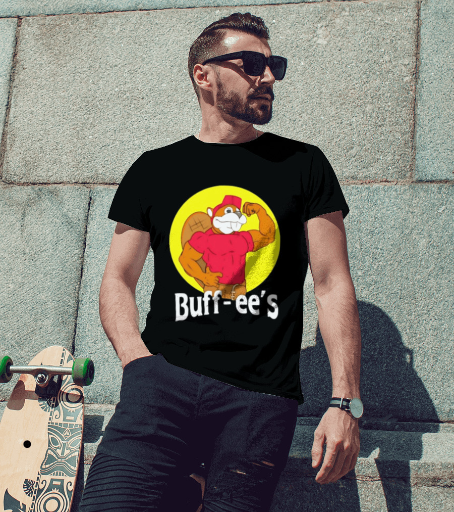 Buff Ee's Strong Muscular Beaver Character In Red Outfit T-Shirt