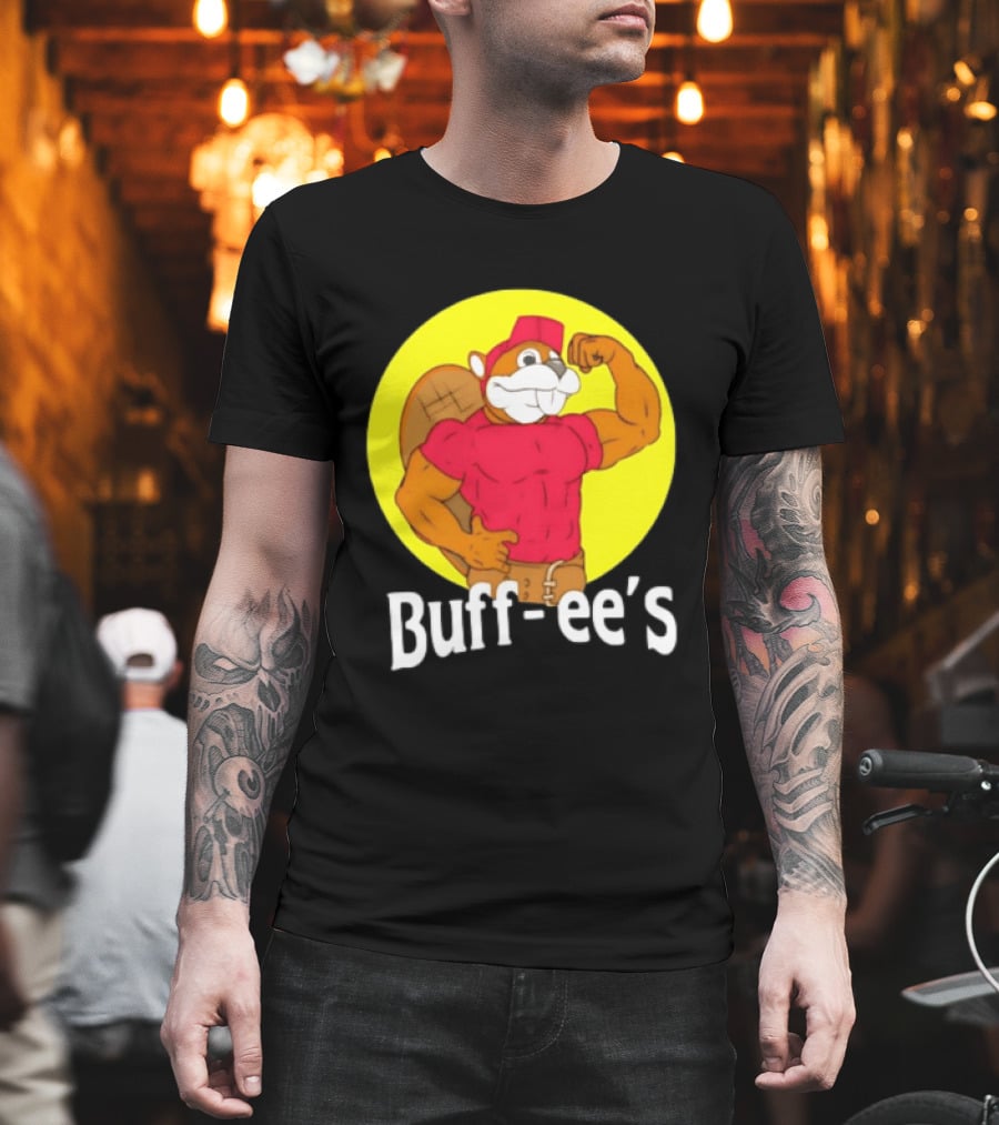 Buff Ee's Strong Muscular Beaver Character In Red Outfit T-Shirt