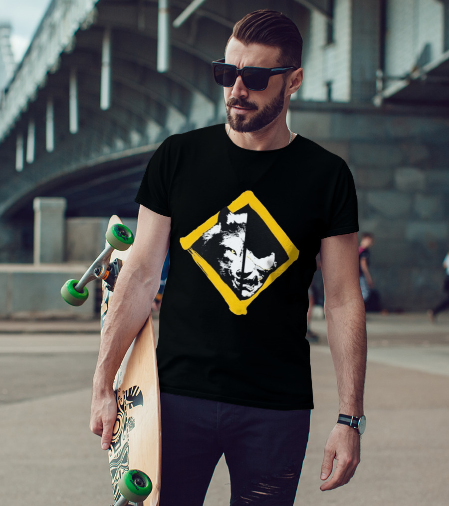 Wolf And Boar Split Face Diamond Yellow Border T-Shirt
