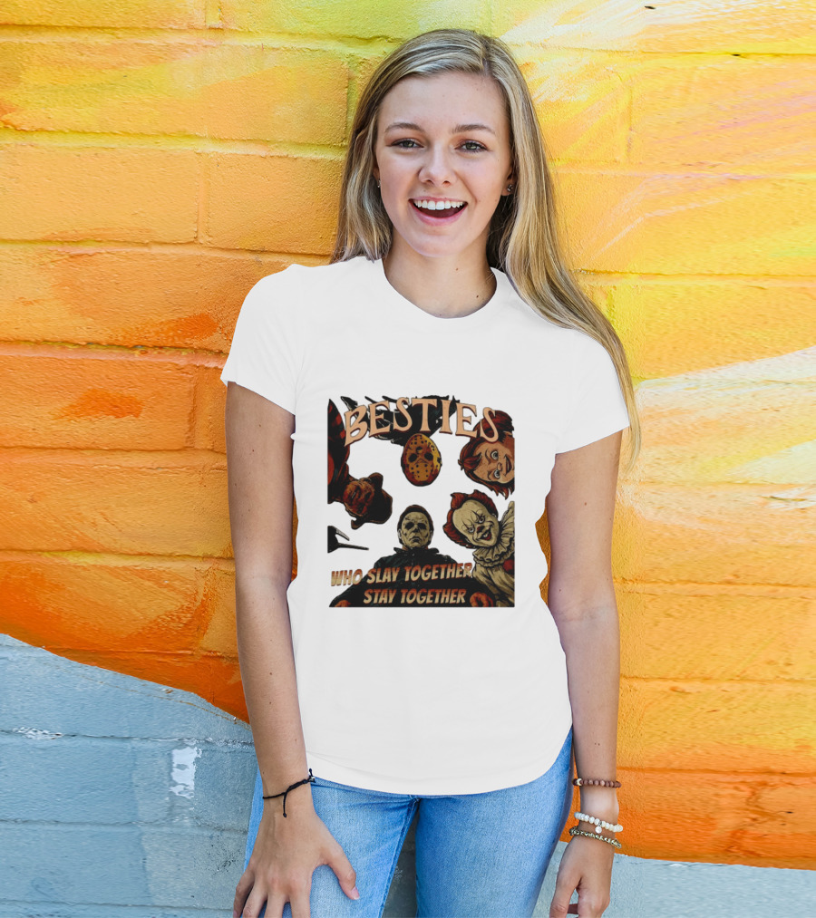 BESTIES Horror Movie Characters Mask Iconic Slayers Pennywise Knife Doll Together T-Shirt