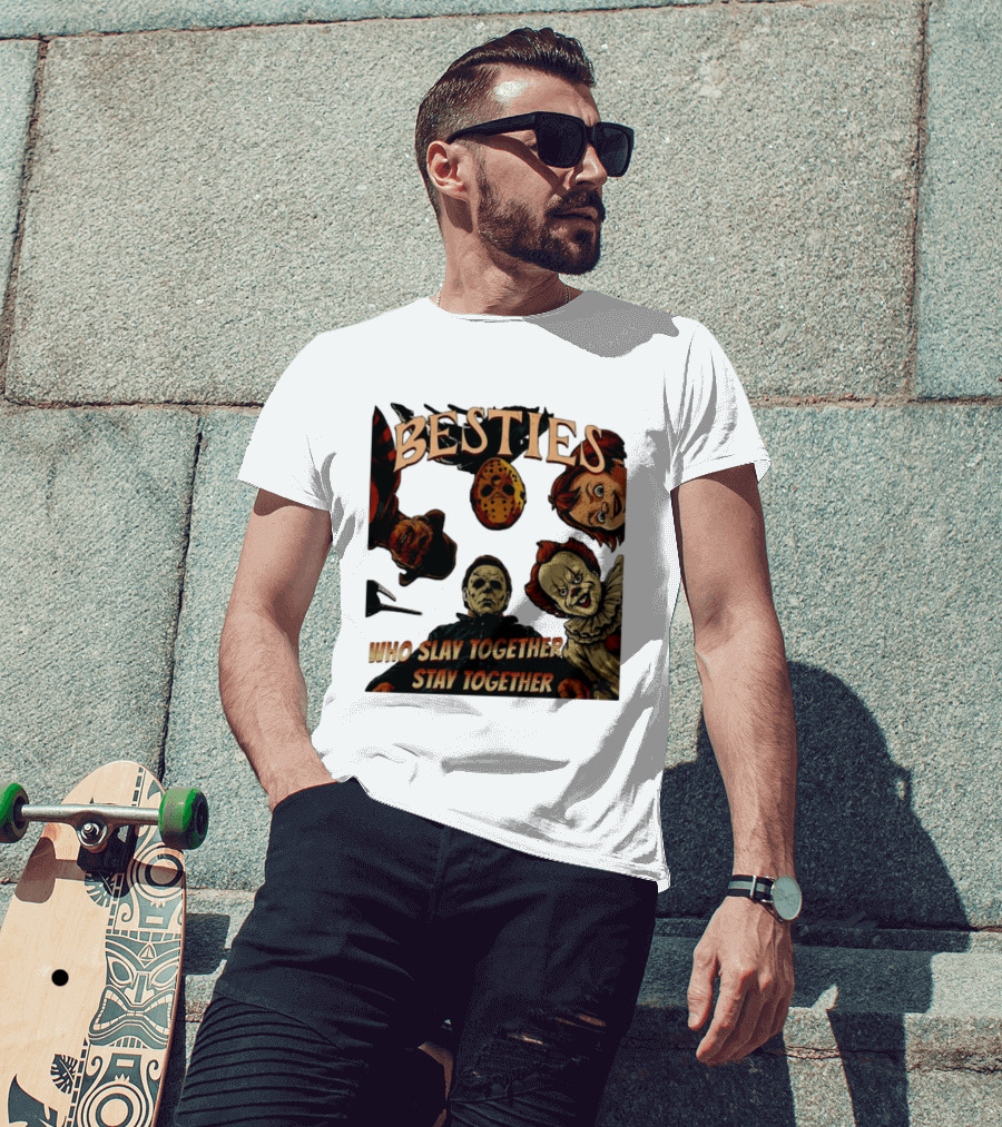 BESTIES Horror Movie Characters Mask Iconic Slayers Pennywise Knife Doll Together T-Shirt