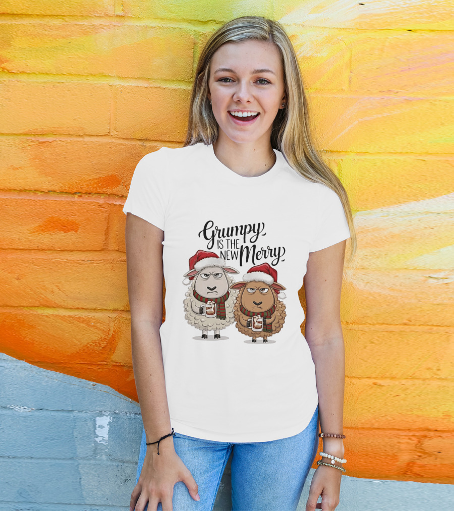 Grumpy Is The New Merry Christmas Sheep Santa Hat Holiday Humor T-Shirt