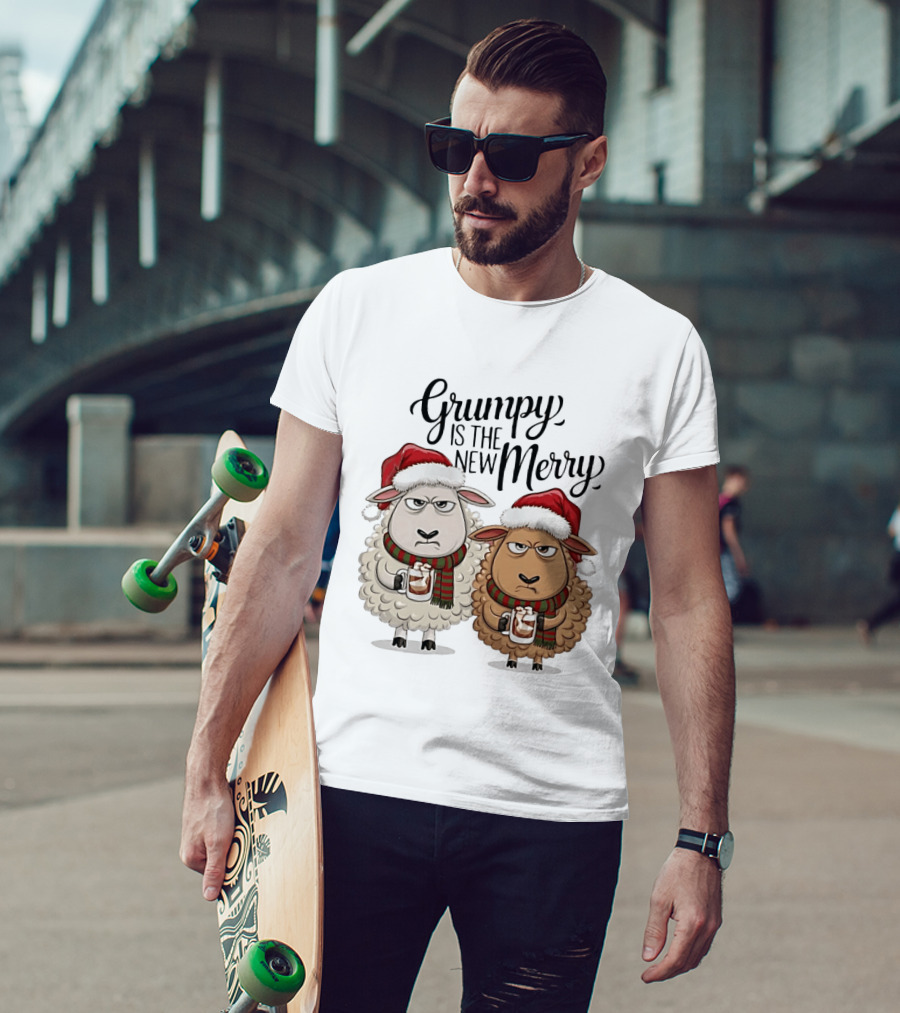 Grumpy Is The New Merry Christmas Sheep Santa Hat Holiday Humor T-Shirt
