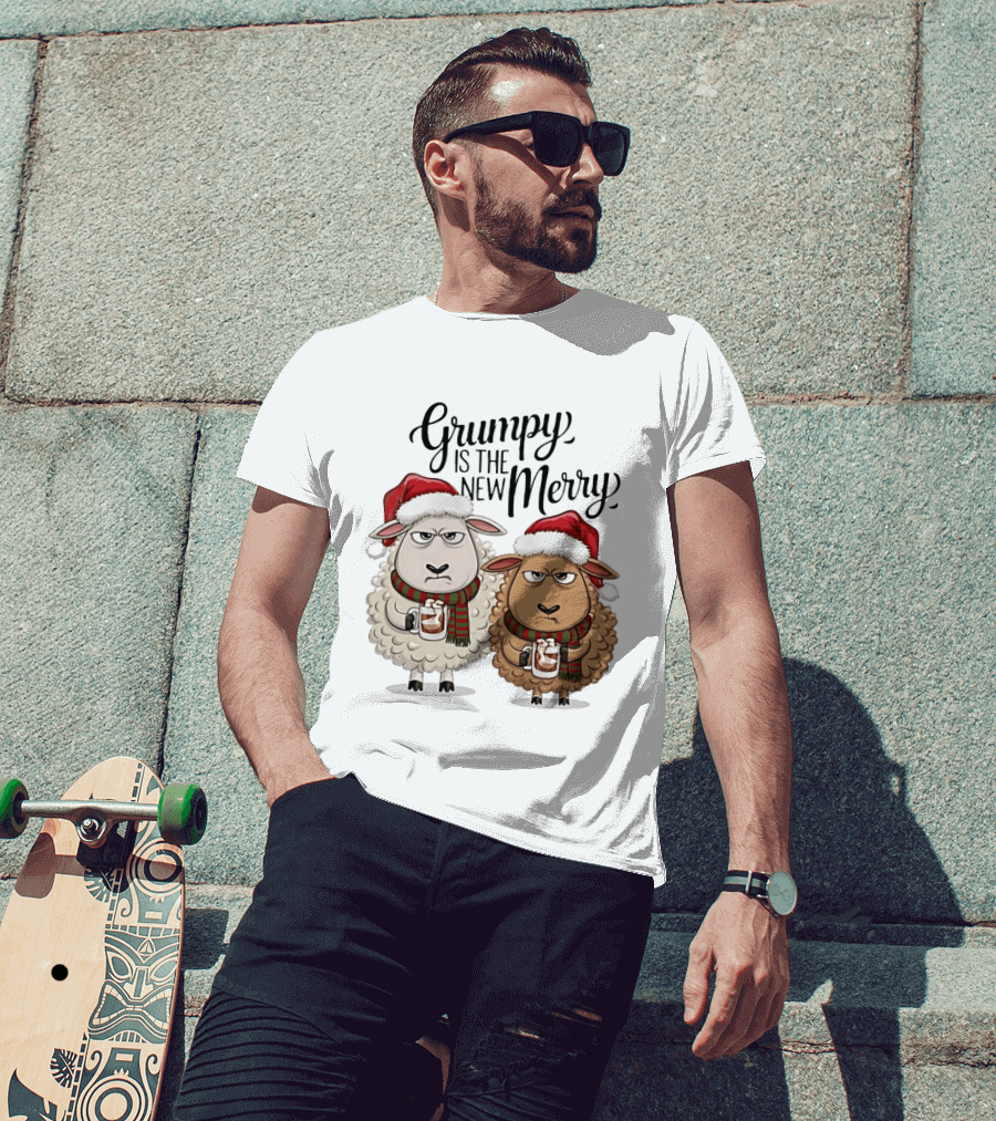 Grumpy Is The New Merry Christmas Sheep Santa Hat Holiday Humor T-Shirt