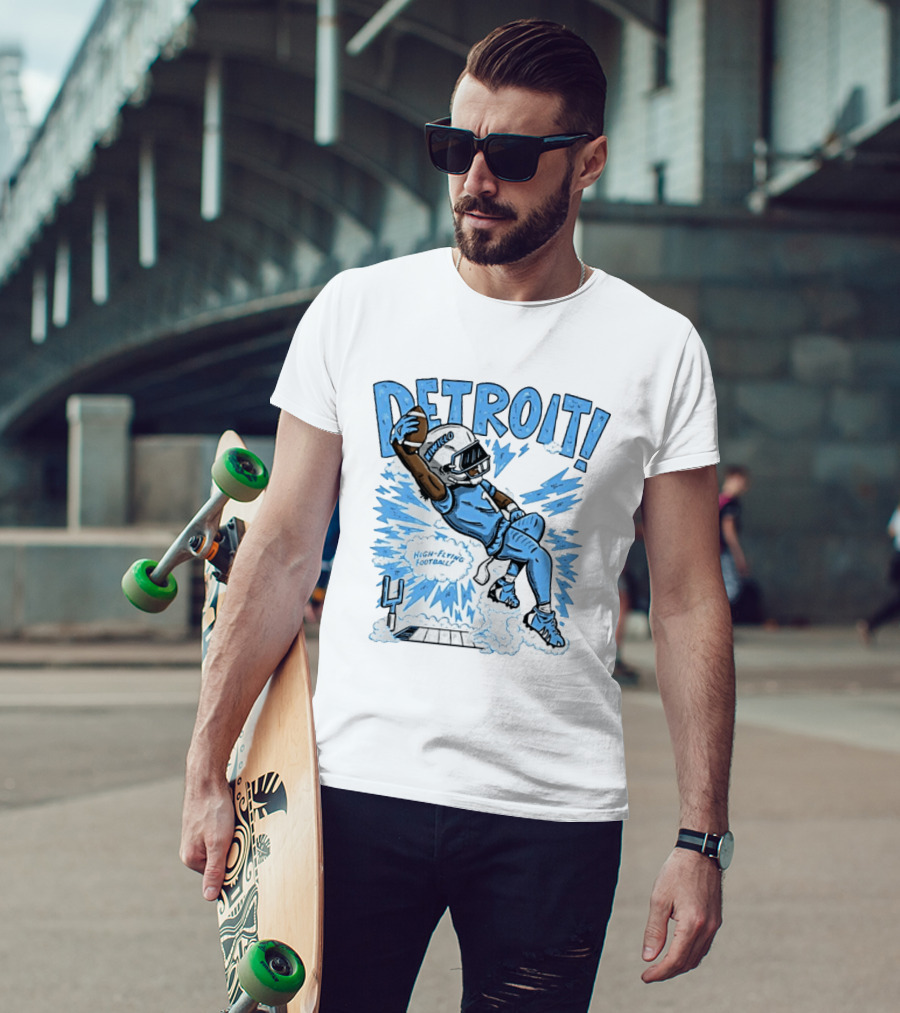 Detroit Lions High Flying Football Dynamic Catch Comic T-Shirt
