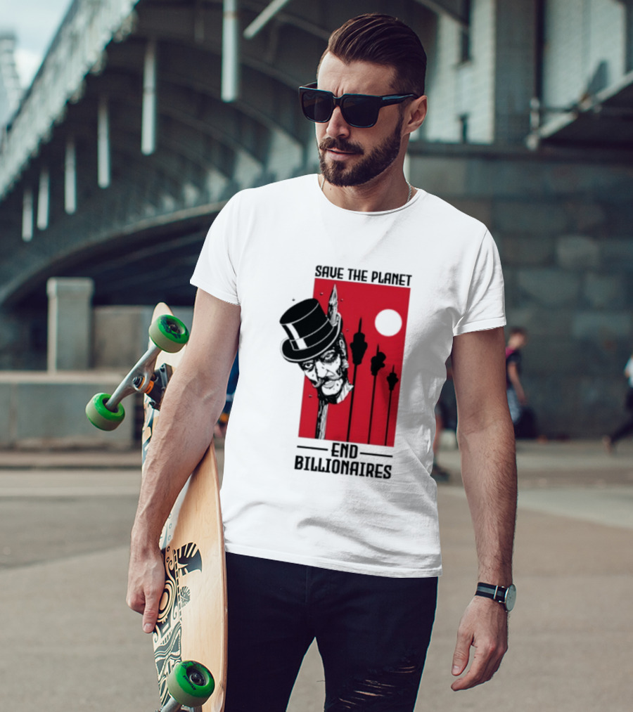 Original Save The Planet End Billionaires Top Hat Monopoly Man Red Sun T-Shirt