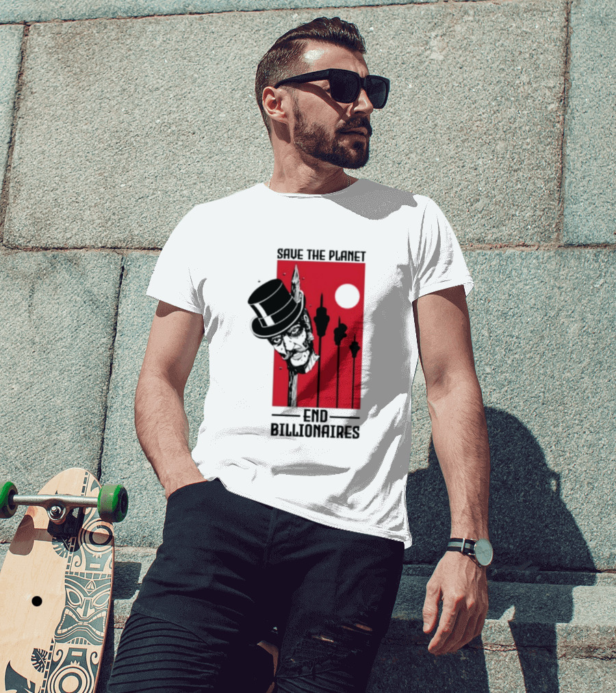 Original Save The Planet End Billionaires Top Hat Monopoly Man Red Sun T-Shirt