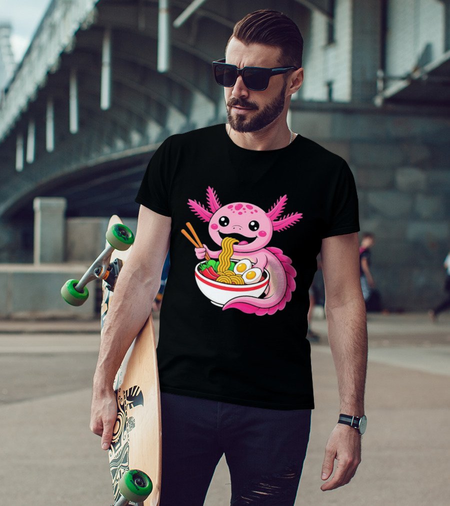 Axolotl Eating Ramen Kawaii Style With Chopsticks And Eggs T-Shirt