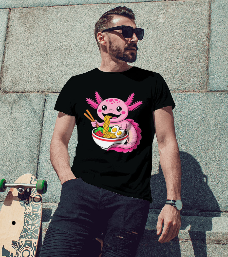 Axolotl Eating Ramen Kawaii Style With Chopsticks And Eggs T-Shirt