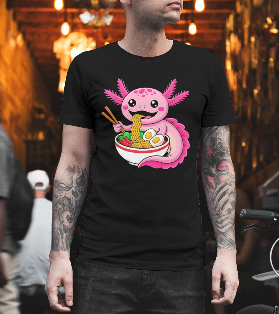 Axolotl Eating Ramen Kawaii Style With Chopsticks And Eggs T-Shirt