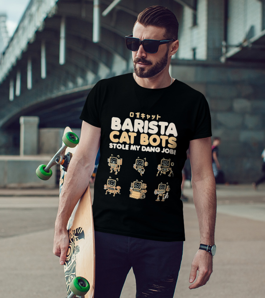 Barista Cat Bots Stole My Dang Job Retro Robot Cats Japanese T-Shirt