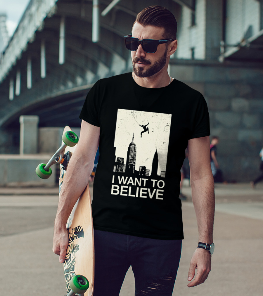 Friking I Want To Believe Swinging Hero Cityscape T-Shirt
