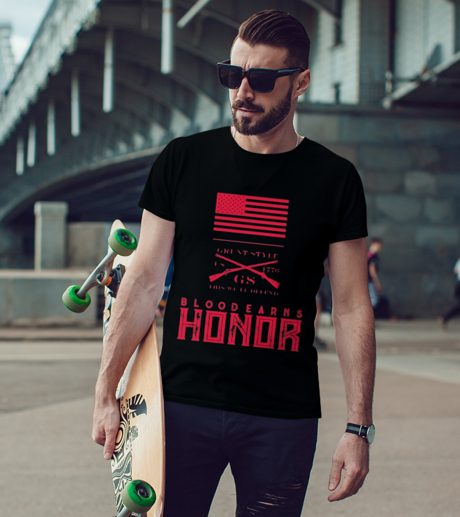 American Flag Blood Earns Honor Vintage Style 1776 Rifles T-Shirt