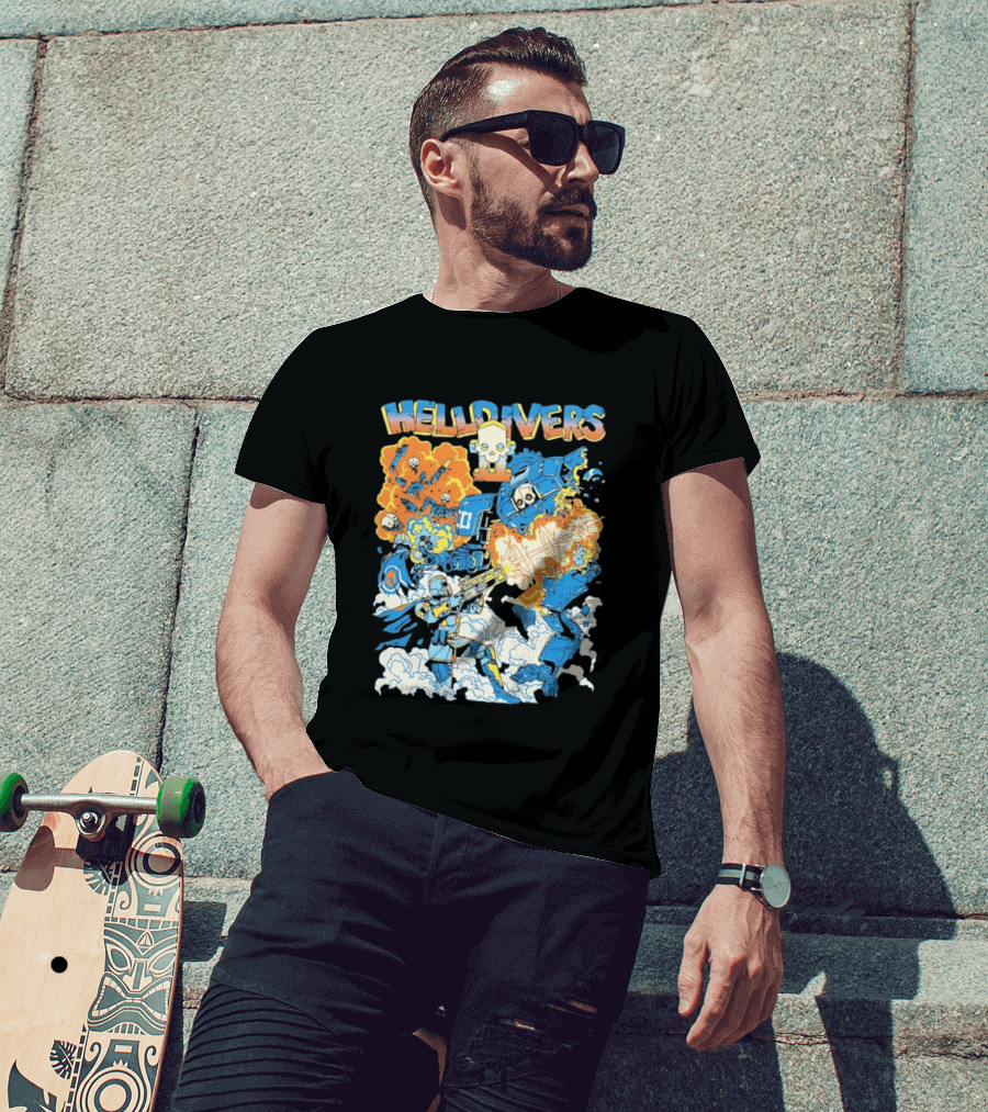 Helldivers Comic Style Explosive Battle Scene Skulls Robots Flames T-Shirt